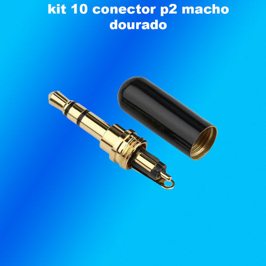 Kit 10 Conectores de Áudio Estéreo P2 3,5 mm Macho com Chapeamento de Ouro