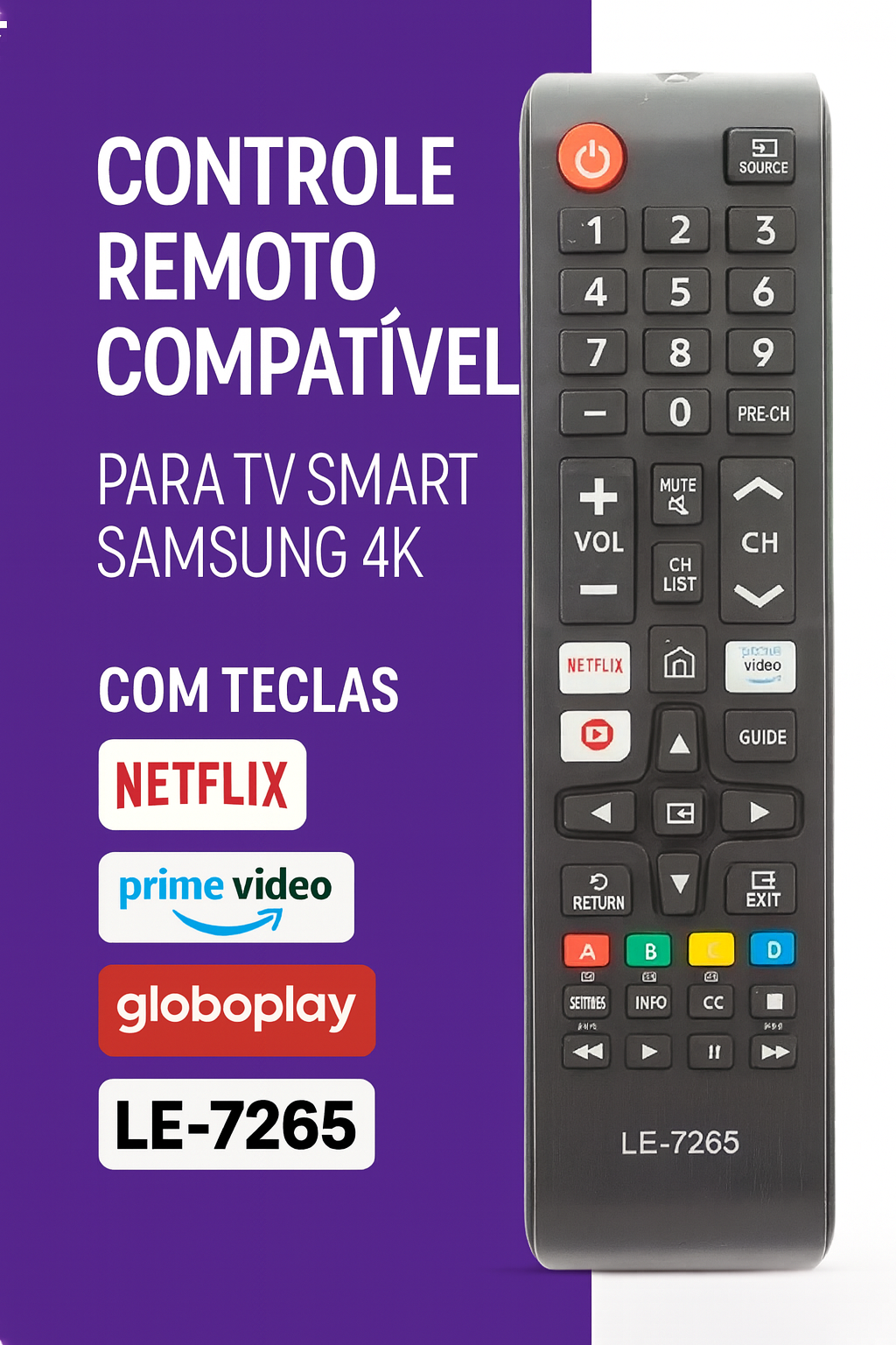 Controle Remoto Compatível Para Smart TV Samsung 4K LE7265 – Teclas Netflix e Prime Video