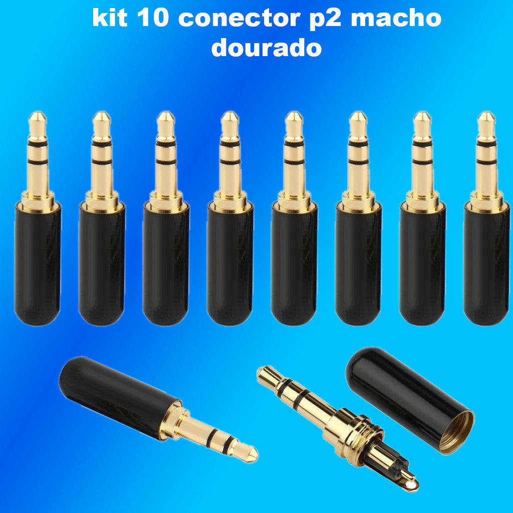 Kit 10 Conectores de Áudio Estéreo P2 3,5 mm Macho com Chapeamento de Ouro