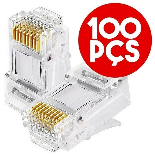 Kit de 50 ou 100 Conectores RJ45 Cat6 Banhados a Ouro - Cabo de Rede