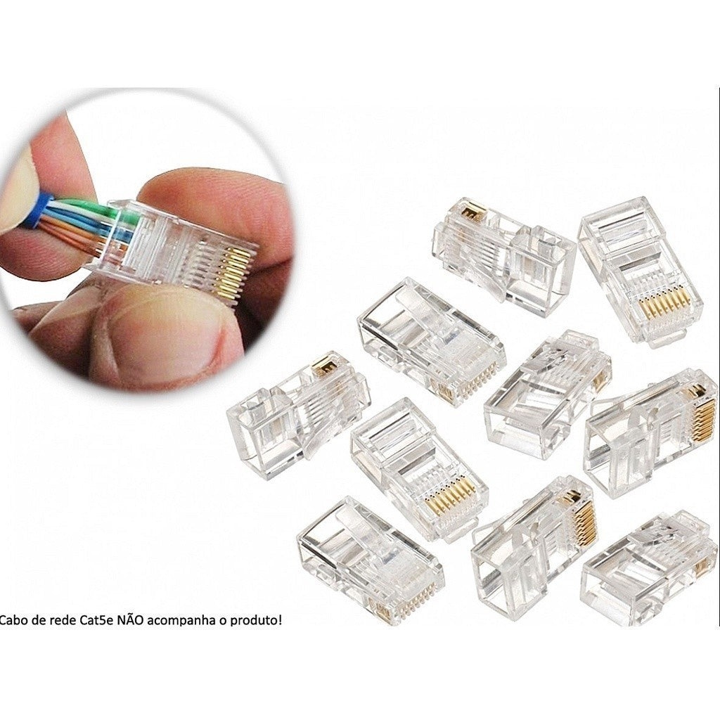 Kit de 50 ou 100 Conectores RJ45 Cat6 Banhados a Ouro - Cabo de Rede